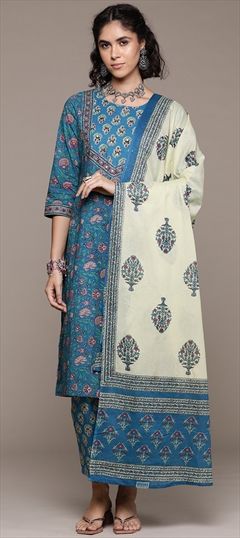 Festive, Summer Blue color Salwar Kameez in Cotton fabric with Straight Floral, Printed, Thread work : 1938654