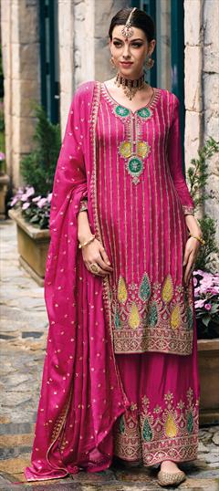 Engagement, Mehendi Sangeet, Wedding Pink and Majenta color Salwar Kameez in Art Silk fabric with Palazzo, Straight Embroidered, Sequence, Zari work : 1938655
