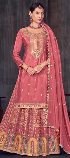 Engagement, Mehendi Sangeet, Wedding Pink and Majenta color Long Lehenga Choli in Silk fabric with Embroidered, Thread work : 1938656