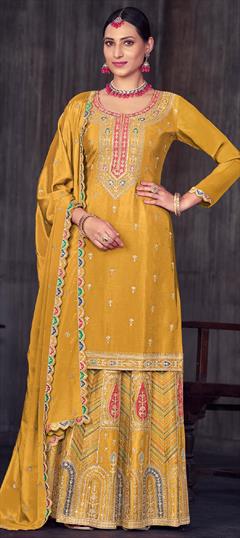 Engagement, Mehendi Sangeet, Wedding Yellow color Long Lehenga Choli in Silk fabric with Embroidered, Thread work : 1938657
