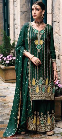 Engagement, Mehendi Sangeet, Wedding Green color Salwar Kameez in Art Silk fabric with Palazzo, Straight Embroidered, Sequence, Zari work : 1938658