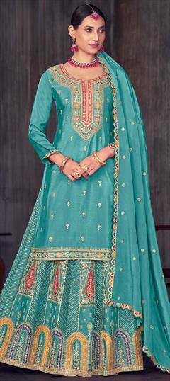 Engagement, Mehendi Sangeet, Wedding Blue color Long Lehenga Choli in Silk fabric with Embroidered, Thread work : 1938659