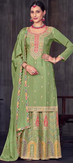 Engagement, Mehendi Sangeet, Wedding Green color Long Lehenga Choli in Silk fabric with Embroidered, Thread work : 1938660
