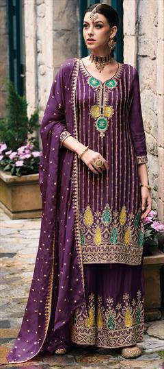 Engagement, Mehendi Sangeet, Wedding Purple and Violet color Salwar Kameez in Art Silk fabric with Palazzo, Straight Embroidered, Sequence, Zari work : 1938662