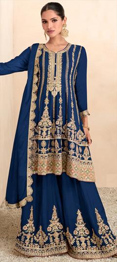 Festive, Reception, Wedding Blue color Salwar Kameez in Art Silk fabric with Palazzo, Straight Embroidered, Sequence, Thread work : 1938666