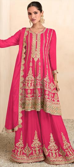 Festive, Reception, Wedding Pink and Majenta color Salwar Kameez in Art Silk fabric with Palazzo, Straight Embroidered, Sequence, Thread work : 1938667