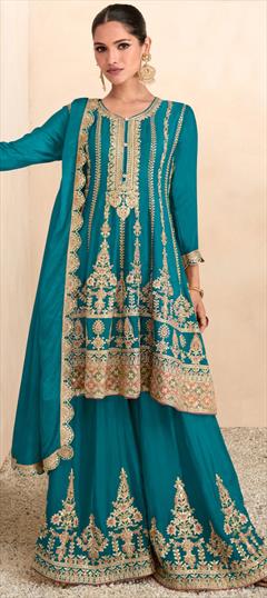 Festive, Reception, Wedding Blue color Salwar Kameez in Art Silk fabric with Palazzo, Straight Embroidered, Sequence, Thread work : 1938668