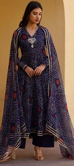 Festive, Reception Blue color Kurti in Georgette fabric with Anarkali Bandhej, Printed work : 1938676