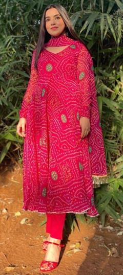 Festive, Reception Pink and Majenta color Kurti in Georgette fabric with Anarkali Bandhej, Printed work : 1938679