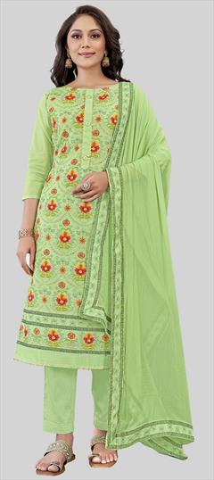 Festive, Party Wear Green color Salwar Kameez in Chanderi Silk fabric with Straight Embroidered, Printed work : 1938693