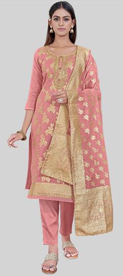 Party Wear Pink and Majenta color Salwar Kameez in Chanderi Silk fabric with Straight Embroidered, Thread work : 1938697