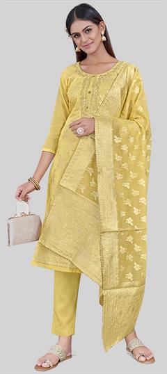 Party Wear Yellow color Salwar Kameez in Chanderi Silk fabric with Straight Embroidered, Thread work : 1938698