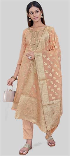 Party Wear Orange color Salwar Kameez in Chanderi Silk fabric with Straight Embroidered, Thread work : 1938700