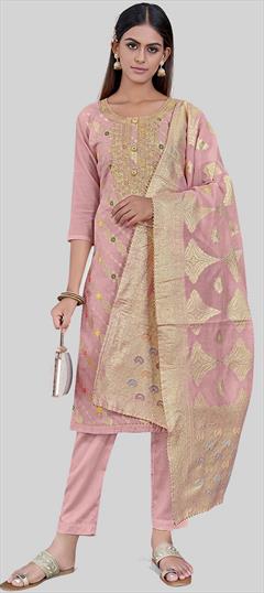 Party Wear Pink and Majenta color Salwar Kameez in Chanderi Silk fabric with Straight Embroidered, Thread work : 1938701