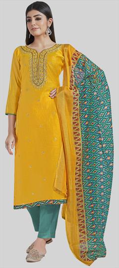 Party Wear Yellow color Salwar Kameez in Chanderi Silk fabric with Straight Digital Print, Embroidered work : 1938706