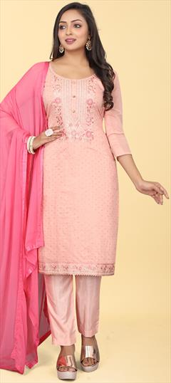 Party Wear Pink and Majenta color Salwar Kameez in Chanderi Silk fabric with Straight Digital Print, Embroidered work : 1938709