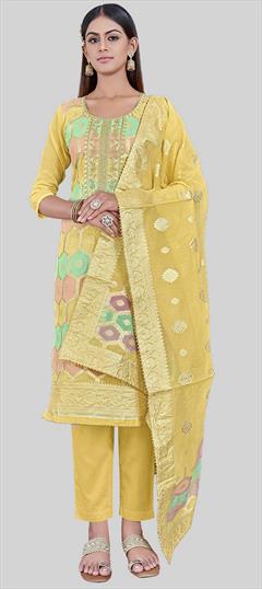 Party Wear Yellow color Salwar Kameez in Chanderi Silk fabric with Straight Embroidered, Thread, Weaving work : 1938713