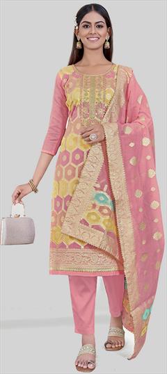 Party Wear Pink and Majenta color Salwar Kameez in Chanderi Silk fabric with Straight Embroidered, Thread, Weaving work : 1938714