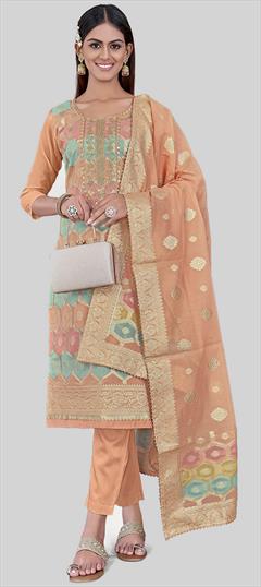 Party Wear Pink and Majenta color Salwar Kameez in Chanderi Silk fabric with Straight Embroidered, Thread, Weaving work : 1938715
