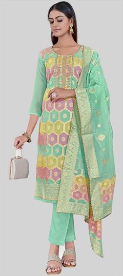 Party Wear Green color Salwar Kameez in Chanderi Silk fabric with Straight Embroidered, Thread, Weaving work : 1938716