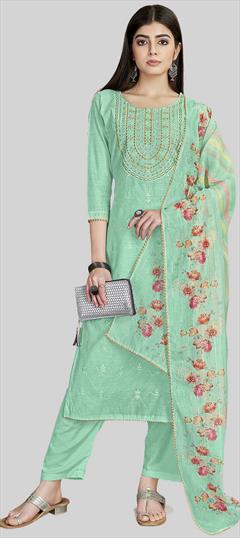 Festive, Party Wear Blue color Salwar Kameez in Chanderi Silk fabric with Straight Embroidered, Printed, Resham work : 1938720