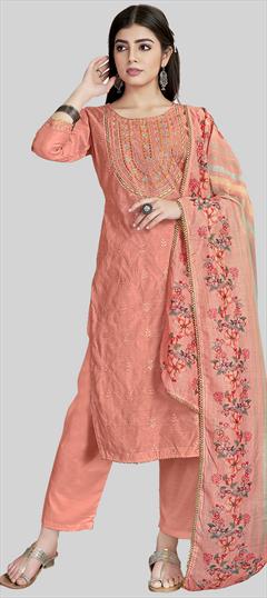 Festive, Party Wear Pink and Majenta color Salwar Kameez in Chanderi Silk fabric with Straight Embroidered, Printed, Resham work : 1938722