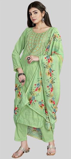 Festive, Party Wear Green color Salwar Kameez in Chanderi Silk fabric with Straight Embroidered, Printed, Resham work : 1938724
