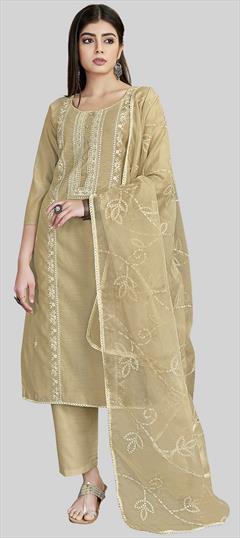 Party Wear Beige and Brown color Salwar Kameez in Chanderi Silk fabric with Straight Embroidered, Thread work : 1938727