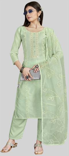 Party Wear Green color Salwar Kameez in Chanderi Silk fabric with Straight Embroidered, Thread work : 1938728