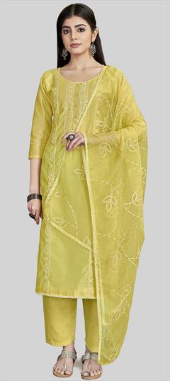 Party Wear Yellow color Salwar Kameez in Chanderi Silk fabric with Straight Embroidered, Thread work : 1938730