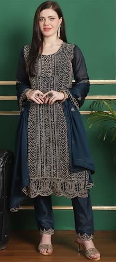 Festive, Reception Blue color Salwar Kameez in Georgette fabric with Pakistani, Straight Stone work : 1938731