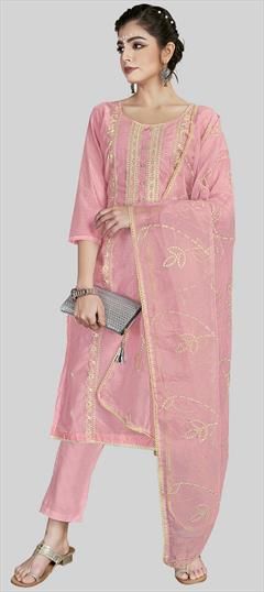 Party Wear Pink and Majenta color Salwar Kameez in Chanderi Silk fabric with Straight Embroidered, Thread work : 1938732