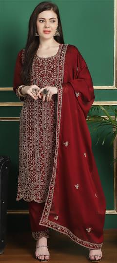 Festive, Reception Red and Maroon color Salwar Kameez in Georgette fabric with Pakistani, Straight Stone work : 1938735