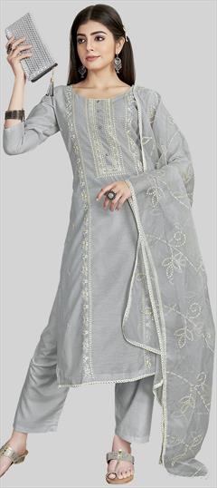 Party Wear Black and Grey color Salwar Kameez in Chanderi Silk fabric with Straight Embroidered, Thread work : 1938736