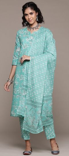 Festive, Reception Green color Salwar Kameez in Cotton fabric with Straight Floral, Printed, Sequence, Thread work : 1938738
