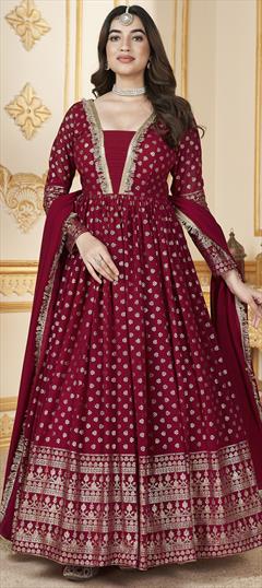 Engagement, Mehendi Sangeet, Reception Red and Maroon color Gown in Faux Georgette fabric with Foil Print work : 1938745