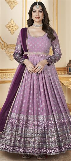 Engagement, Mehendi Sangeet, Reception Pink and Majenta color Gown in Faux Georgette fabric with Foil Print work : 1938746