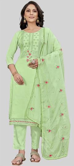 Festive, Party Wear Green color Salwar Kameez in Art Silk fabric with Straight Embroidered, Resham, Thread work : 1938751