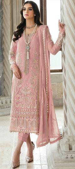 Festive, Reception Pink and Majenta color Salwar Kameez in Faux Georgette fabric with Pakistani, Straight Embroidered, Sequence work : 1938752