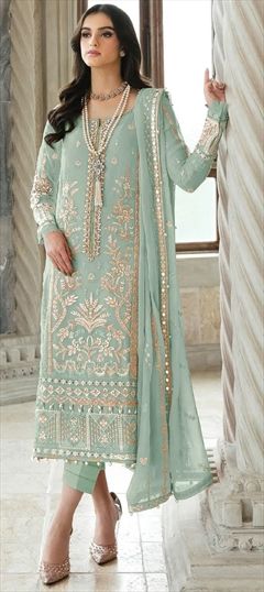 Festive, Reception Green color Salwar Kameez in Faux Georgette fabric with Pakistani, Straight Embroidered, Sequence work : 1938753