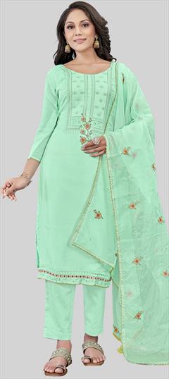Festive, Party Wear Blue color Salwar Kameez in Art Silk fabric with Straight Embroidered, Resham, Thread work : 1938757