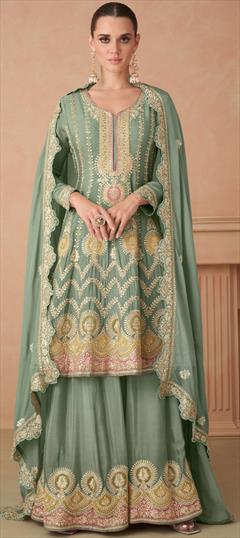 Engagement, Mehendi Sangeet, Wedding Green color Salwar Kameez in Silk fabric with Anarkali, Palazzo Embroidered, Sequence, Thread work : 1938759