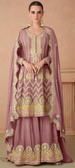 Engagement, Mehendi Sangeet, Wedding Pink and Majenta color Salwar Kameez in Silk fabric with Anarkali, Palazzo Embroidered, Sequence, Thread work : 1938761