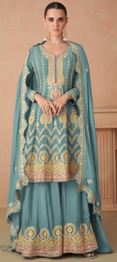Engagement, Mehendi Sangeet, Wedding Blue color Salwar Kameez in Silk fabric with Anarkali, Palazzo Embroidered, Sequence, Thread work : 1938762