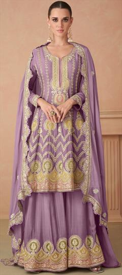 Engagement, Mehendi Sangeet, Wedding Purple and Violet color Salwar Kameez in Silk fabric with Anarkali, Palazzo Embroidered, Sequence, Thread work : 1938763