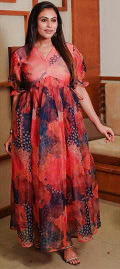 Casual, Party Wear Blue, Red and Maroon color Dress in Organza Silk fabric with Floral, Printed work : 1938780