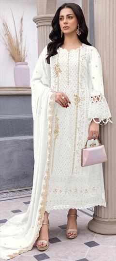 Festive, Reception White and Off White color Salwar Kameez in Georgette fabric with Pakistani, Straight Embroidered, Sequence, Thread work : 1938909