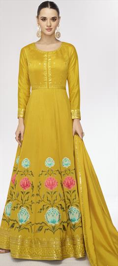 Festive, Mehendi Sangeet, Reception Yellow color Gown in Silk fabric with Embroidered, Resham, Sequence, Thread work : 1938920
