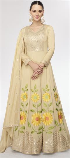 Festive, Mehendi Sangeet, Reception Beige and Brown color Gown in Silk fabric with Embroidered, Resham, Sequence, Thread work : 1938921