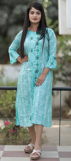 Summer Blue color Kurti in Cotton fabric with A Line, Long Printed work : 1938933